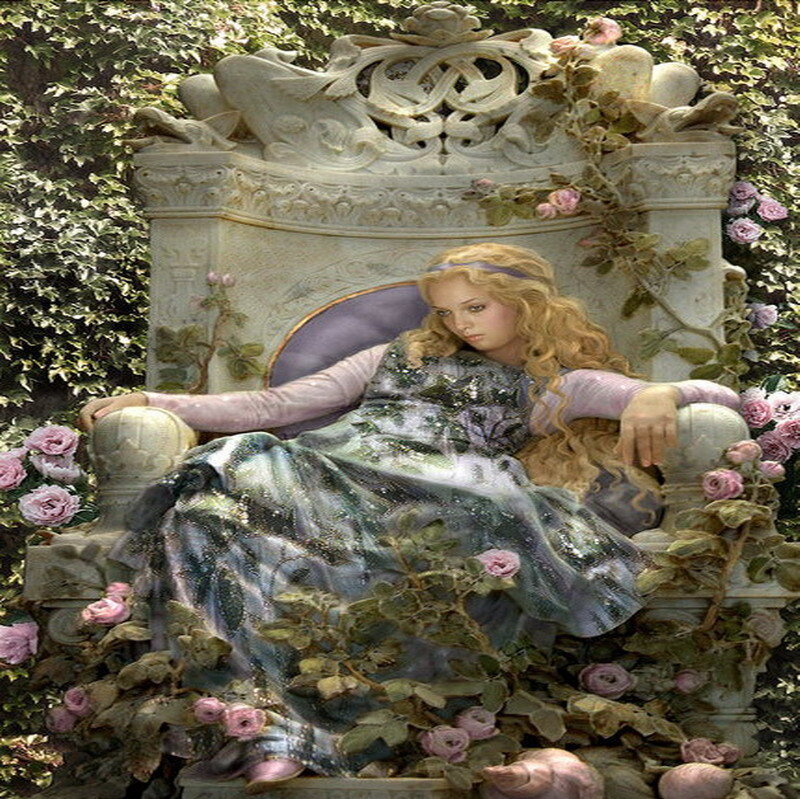 woman on a floral throne