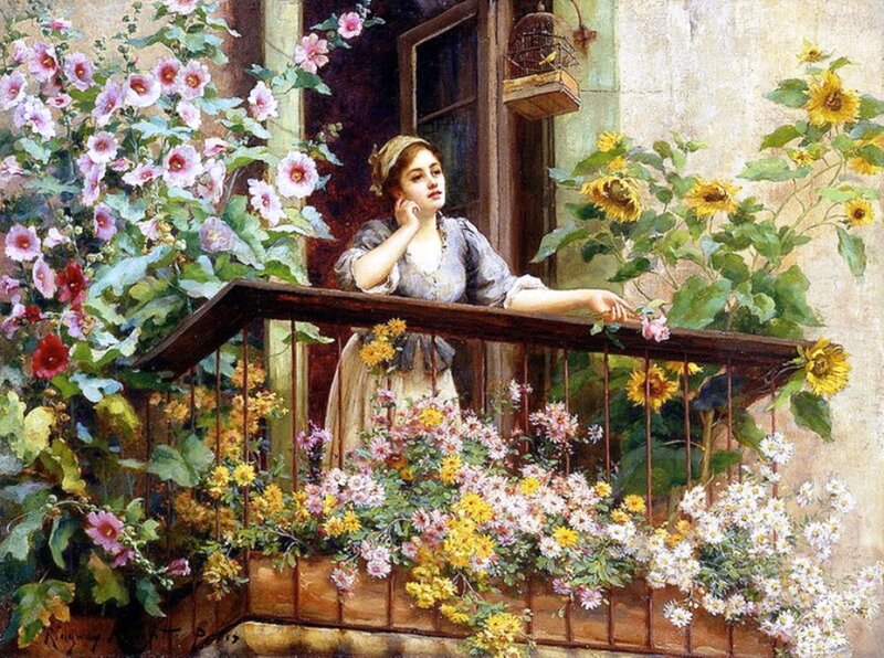 Woman on a Flowered Balcony — Pink