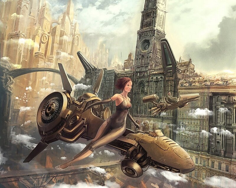 woman on a flying vehicle
