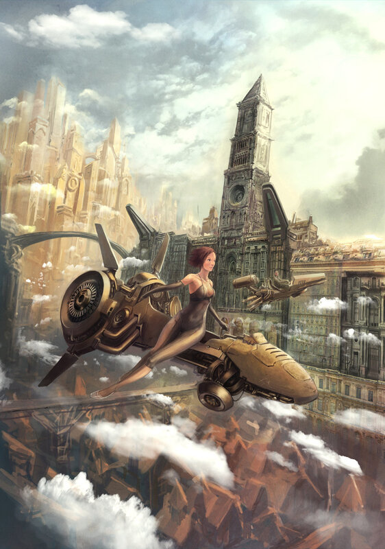 Woman on a flying vehicle