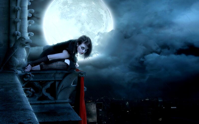 woman on a gothic rooftop
