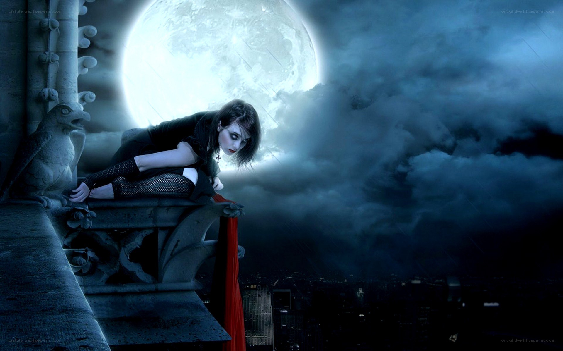 woman on a gothic rooftop