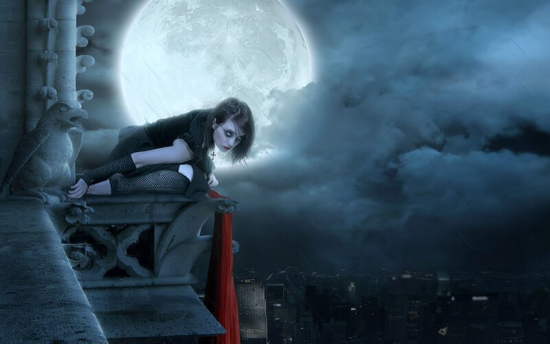 woman on a gothic rooftop