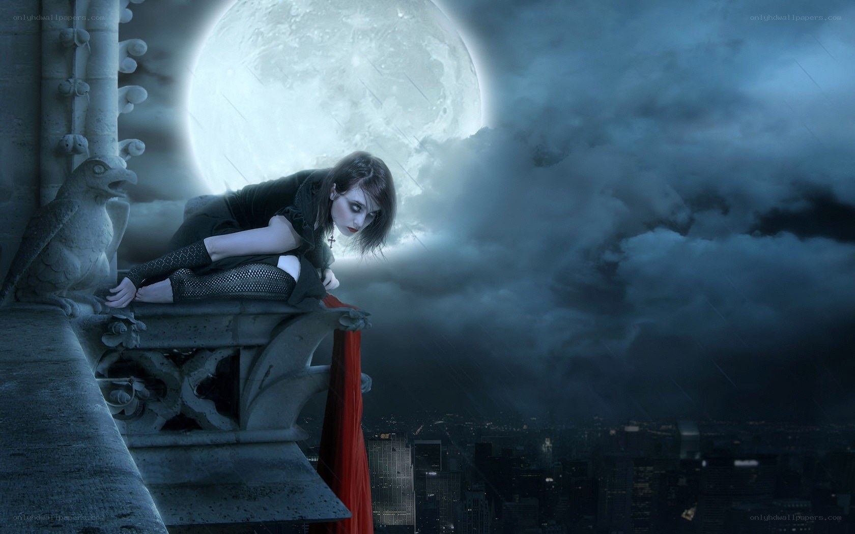 woman on a gothic rooftop