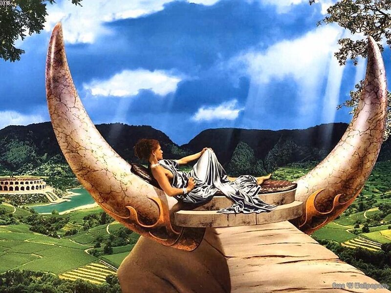 woman on a horned throne