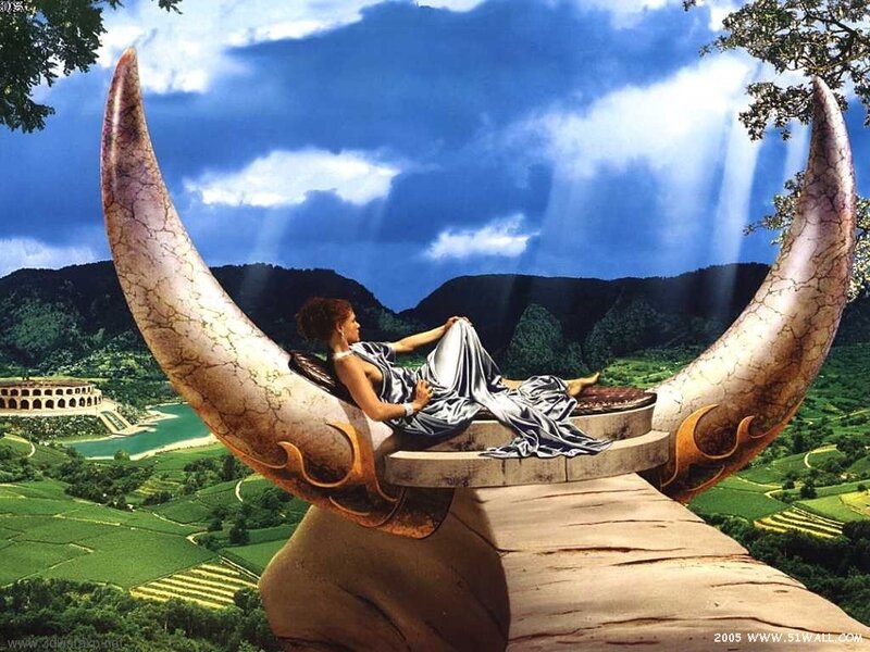woman on a horned throne