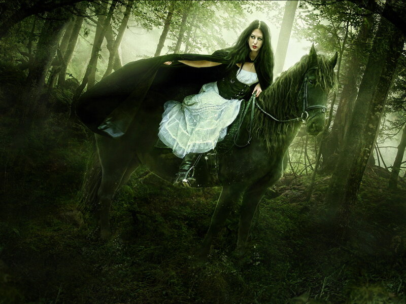 Woman on a Horse — Green, Dramatic