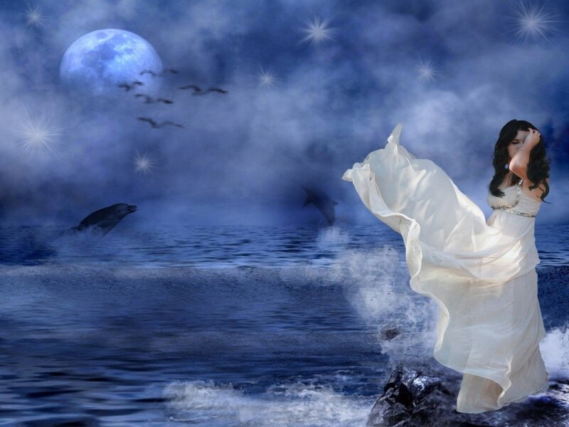 woman on a moonlit shore