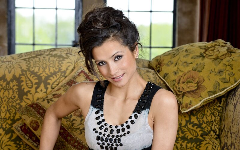 woman on a patterned couch