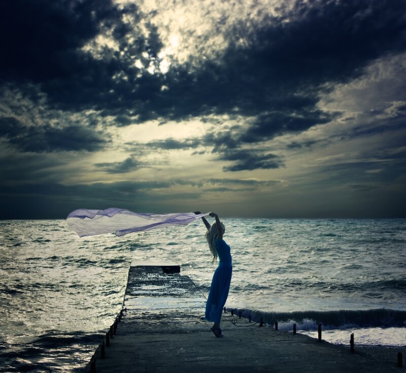Woman on a Pier — Blue, Dramatic, Sunset, Photograph