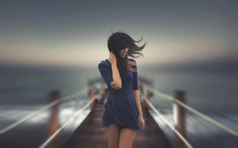 Woman on a Pier — Blue, Dramatic, Sunset