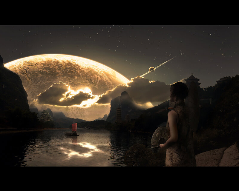 Woman on a riverbank at dusk
