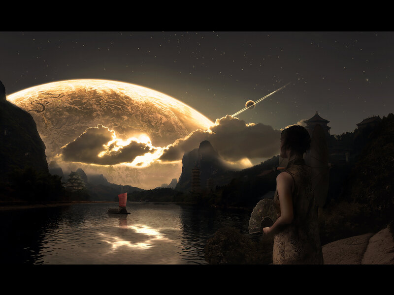Woman on a riverbank at night