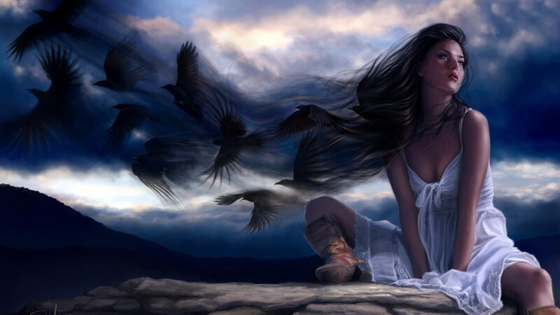 Woman on a Rock — Blue, Dramatic, Night, Digital Art