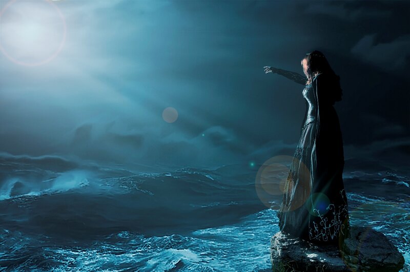 Woman on a Rock — Blue, Dramatic, Night