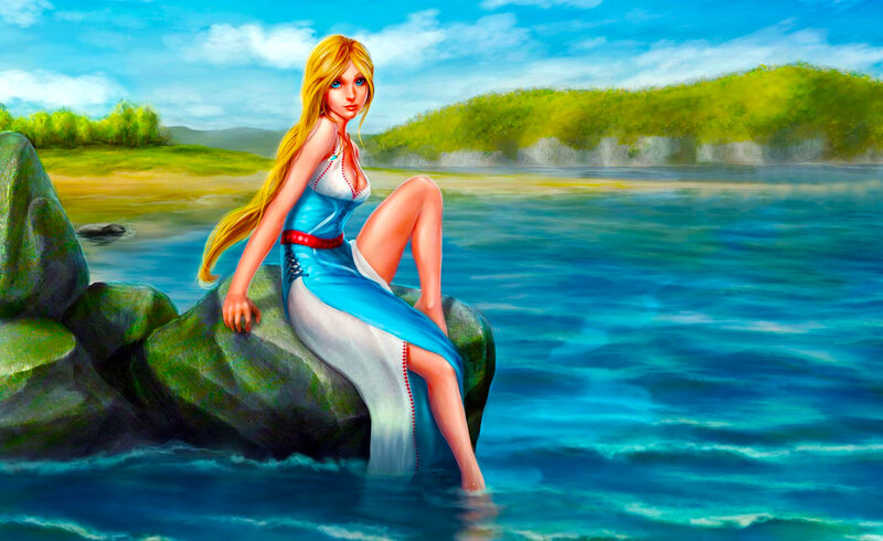 Woman on a Rock — Blue, Serene, Afternoon, Digital Art, River