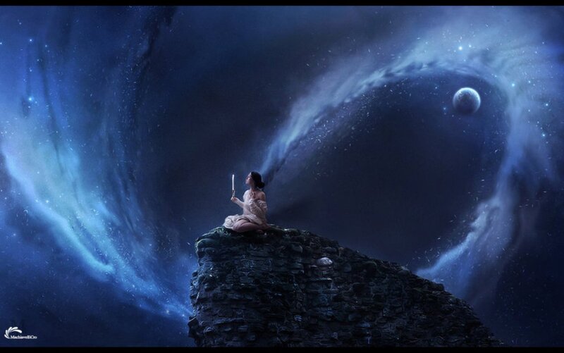 Woman on a Rock — Blue, Serene, Night