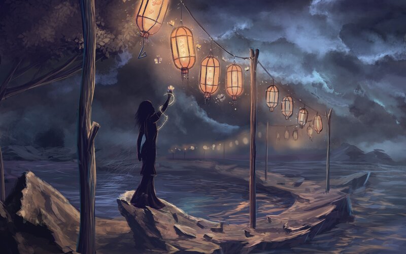 Woman on a Rock — Dark Blue, Dramatic, Night