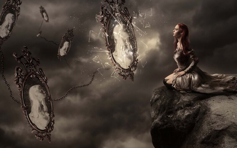 Woman on a Rock — Gray, Dramatic, Digital Art