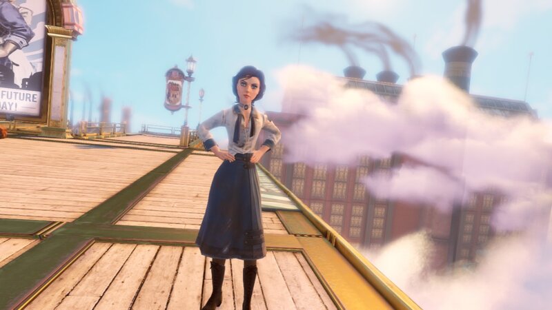 woman on a rooftop in steampunk city