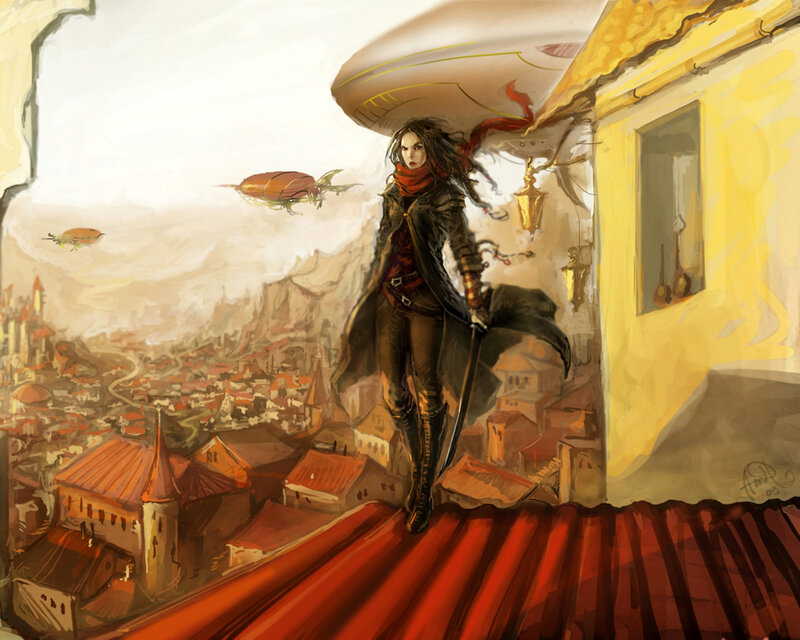 Woman on a rooftop with airships