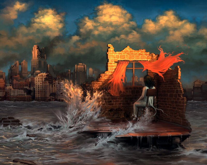 Woman on a ruined pier