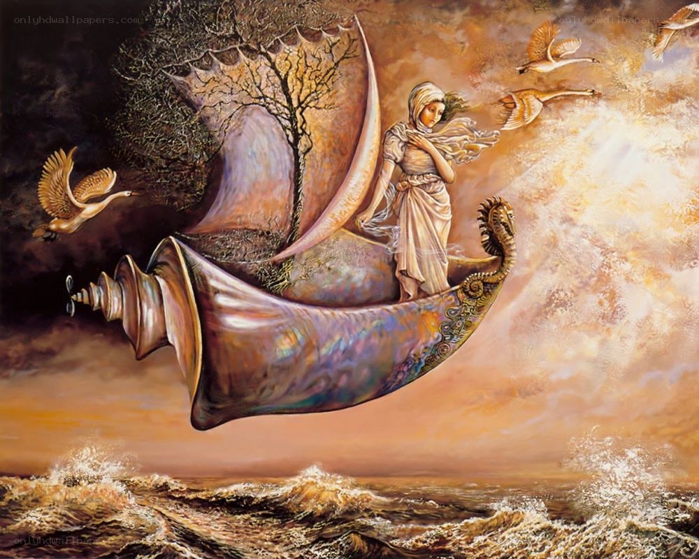 woman on a shell boat