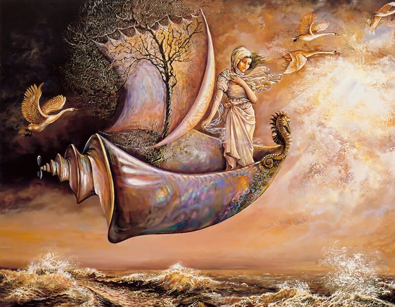 woman on a shell boat