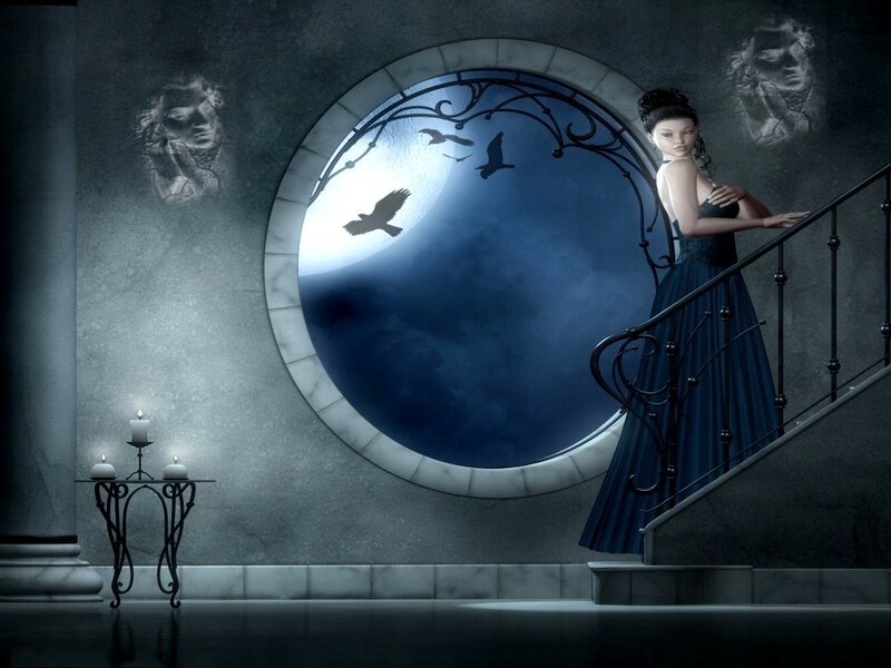 Woman on a staircase at night