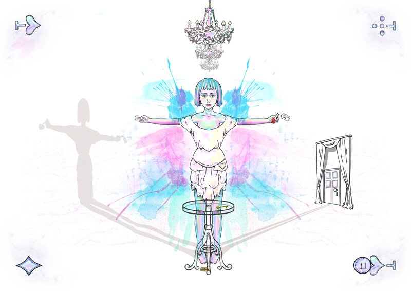 woman on a stool with chandelier