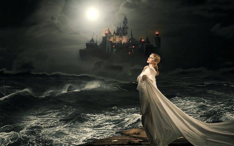 woman on a stormy shore