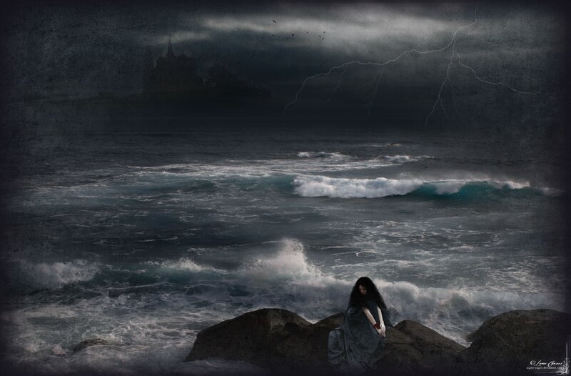 Woman on a stormy shore