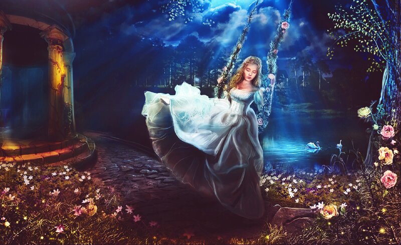 Woman on a Swing — Blue, Serene, Night