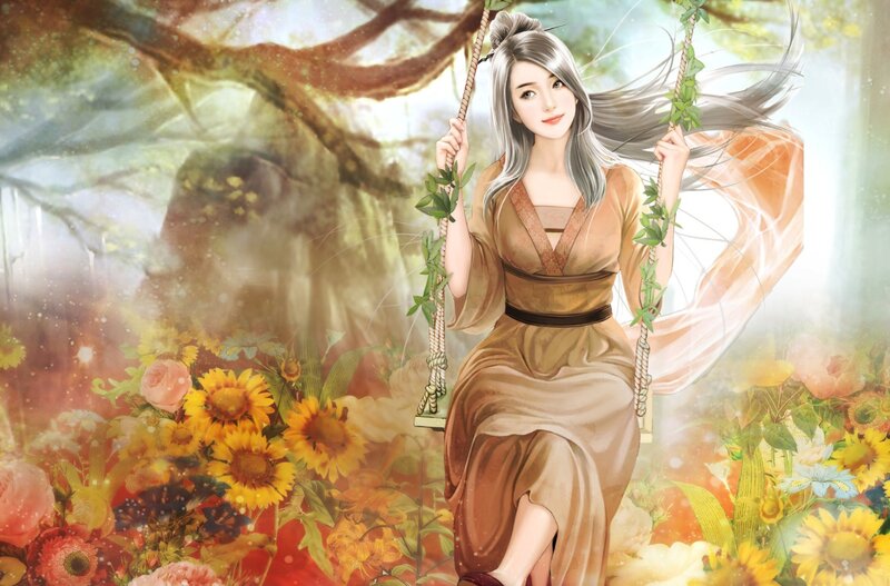 Woman on a Swing — Brown, Serene, Afternoon, Digital Art