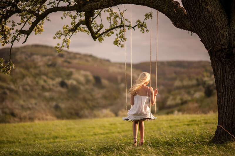 Woman on a Swing — Green, Serene, Afternoon, Photograph, Tree, Field