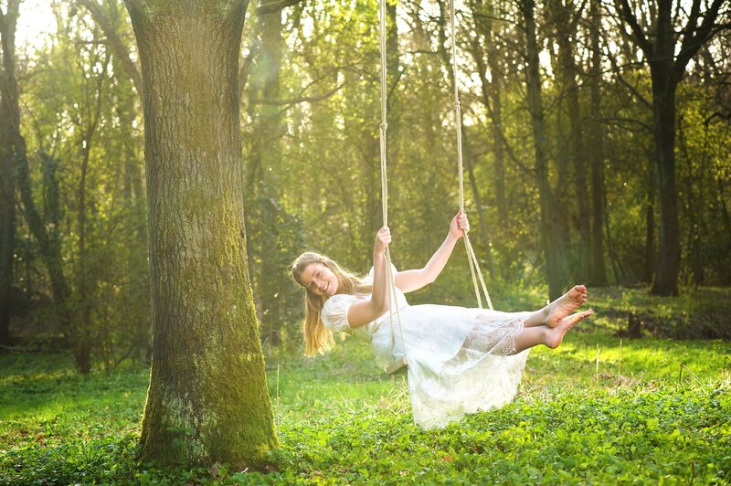 Woman on a Swing — Green, Serene, Afternoon, Photograph, Tree, Grass