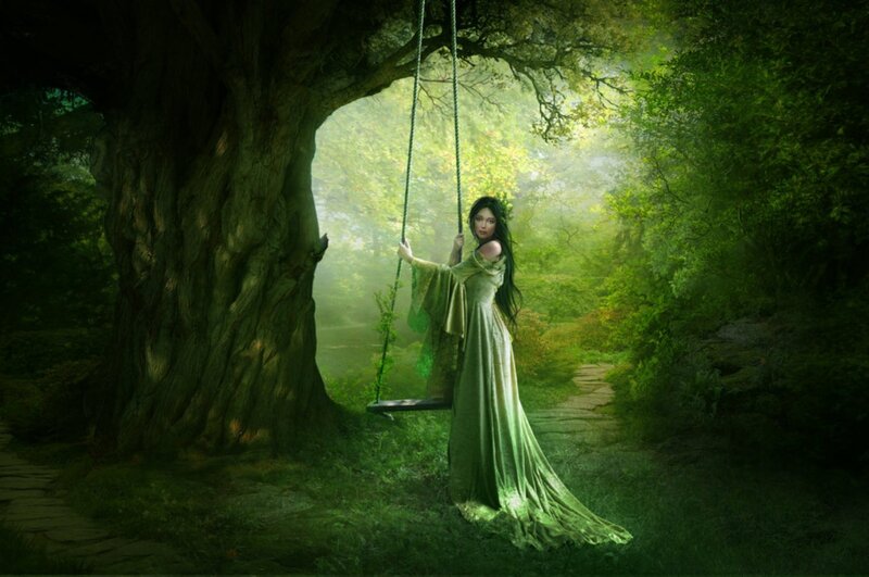Woman on a Swing — Green, Serene, Morning, Digital Art