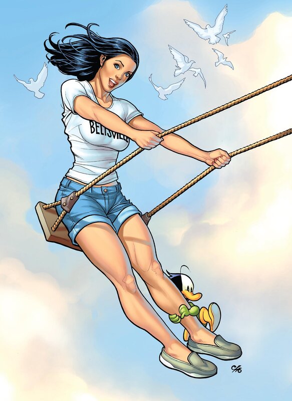Woman on a swing in the sky