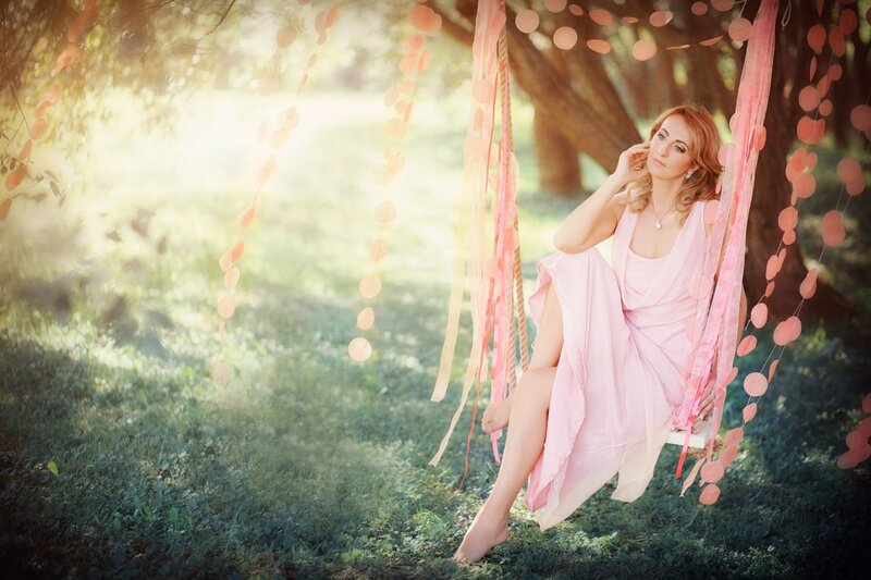 Woman on a Swing — Pink, Serene, Afternoon, Photograph, Ribbons
