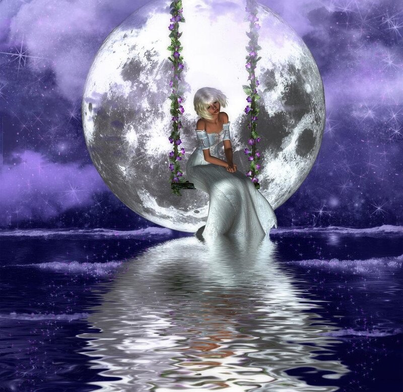 Woman on a Swing — Purple, Serene, Night, Digital Art, Moon