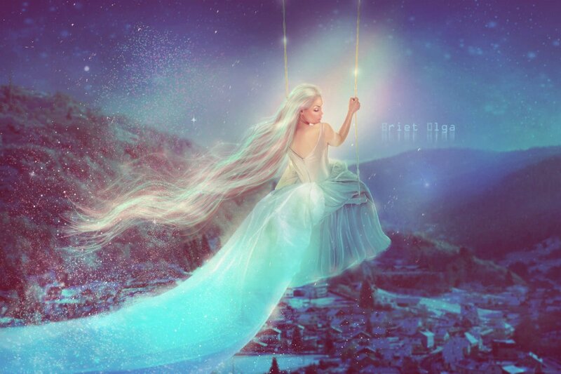 Woman on a Swing — Purple, Serene, Night, Digital Art