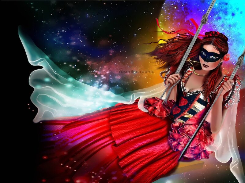 Woman on a Swing — Red, Dramatic, Night, Digital Art