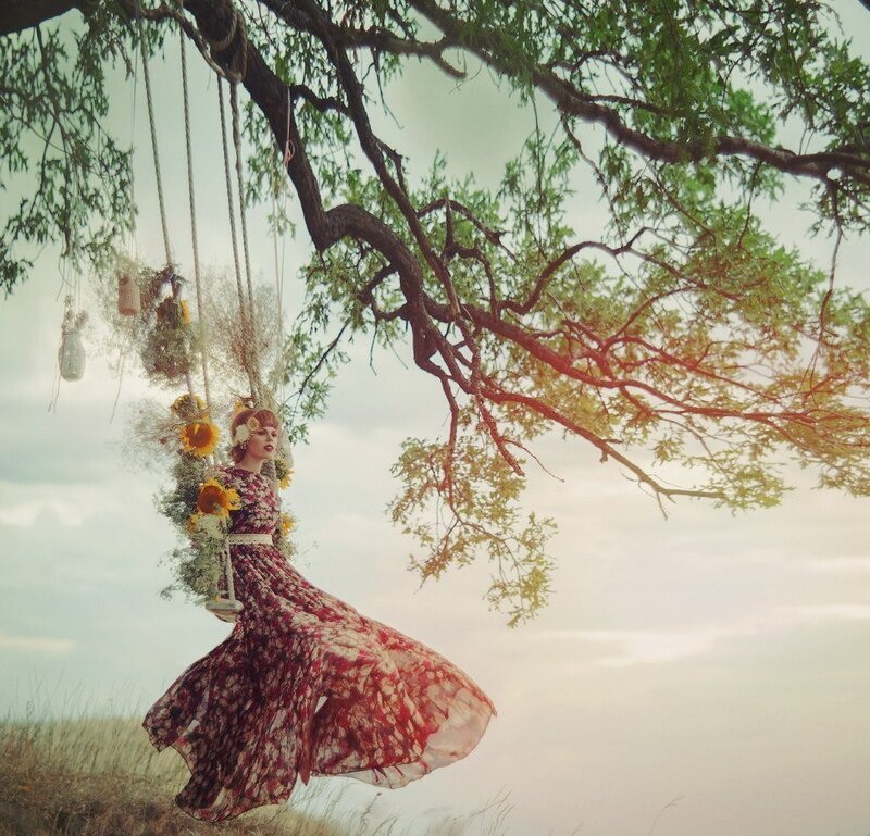 Woman on a Swing — Red, Serene, Afternoon
