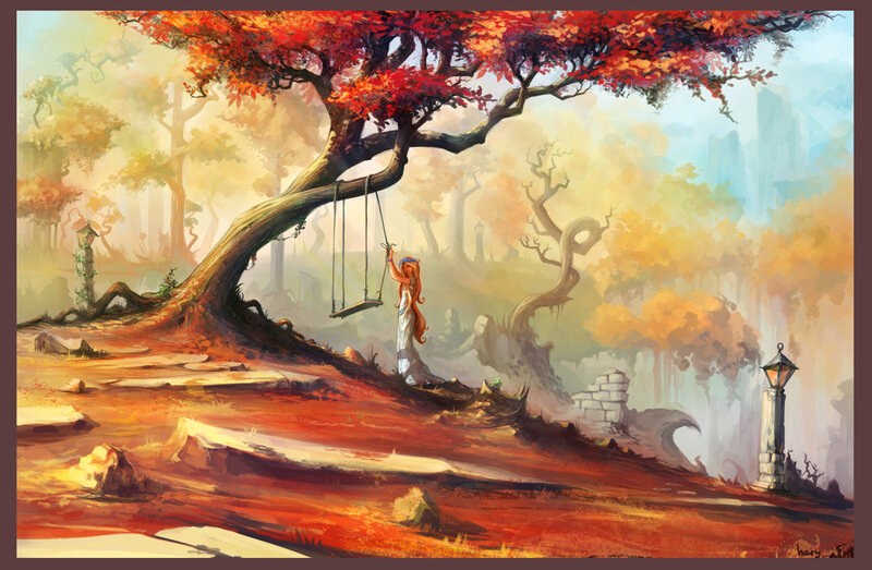 Woman on a Swing — Red, Serene, Autumn