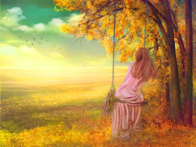 Woman on a Swing — Yellow, Serene, Autumn, Digital Art