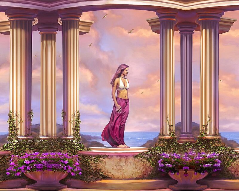Woman on a terrace at sunset
