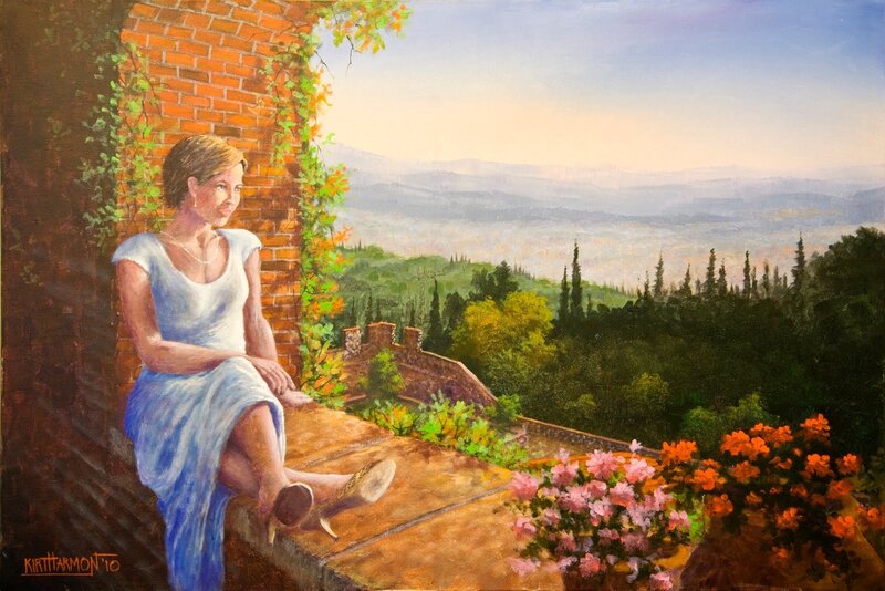 Woman on a terrace overlooking hills