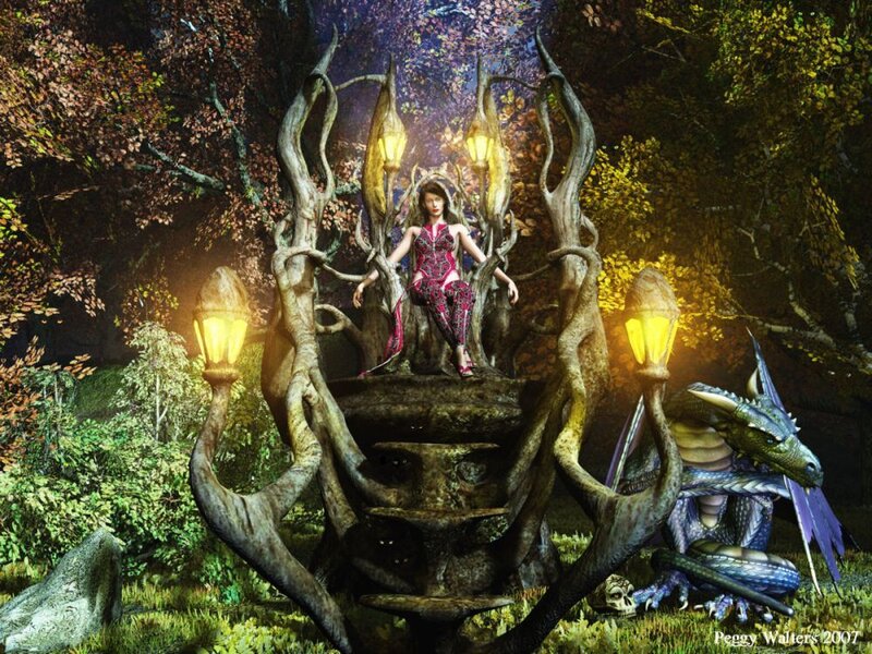 woman on a throne in a forest