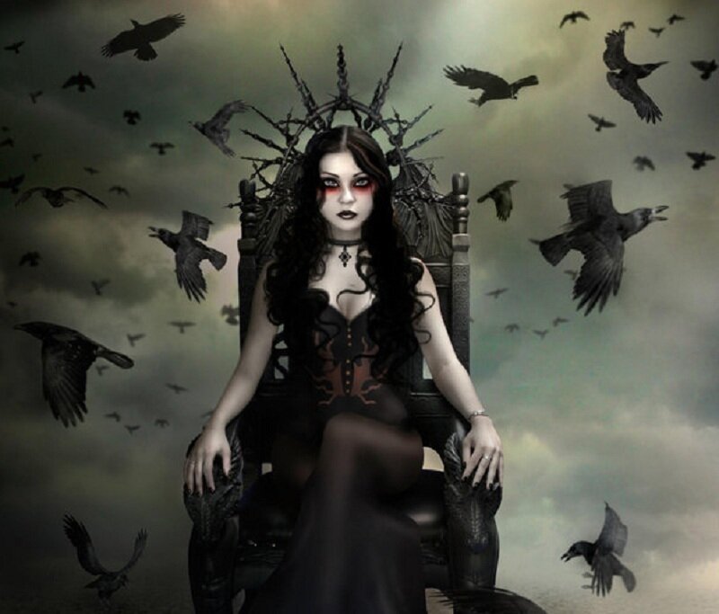 woman on a throne with crows