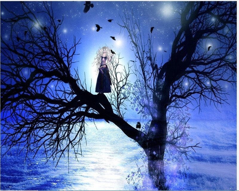 Woman on a Tree Branch — Blue